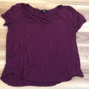 burgundy x front tee